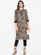 Janasya Women Taupe & Black Printed Straight Kurta | Grocsy