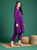 Sangria Mirror Work Embroidered Regular Gotta Patti A-Line Kurta With Trousers & Dupatta | Grocsy