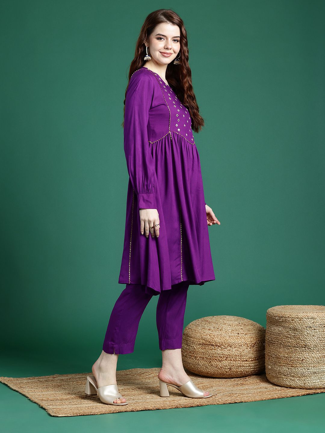 Sangria Mirror Work Embroidered Regular Gotta Patti A-Line Kurta With Trousers & Dupatta | Grocsy