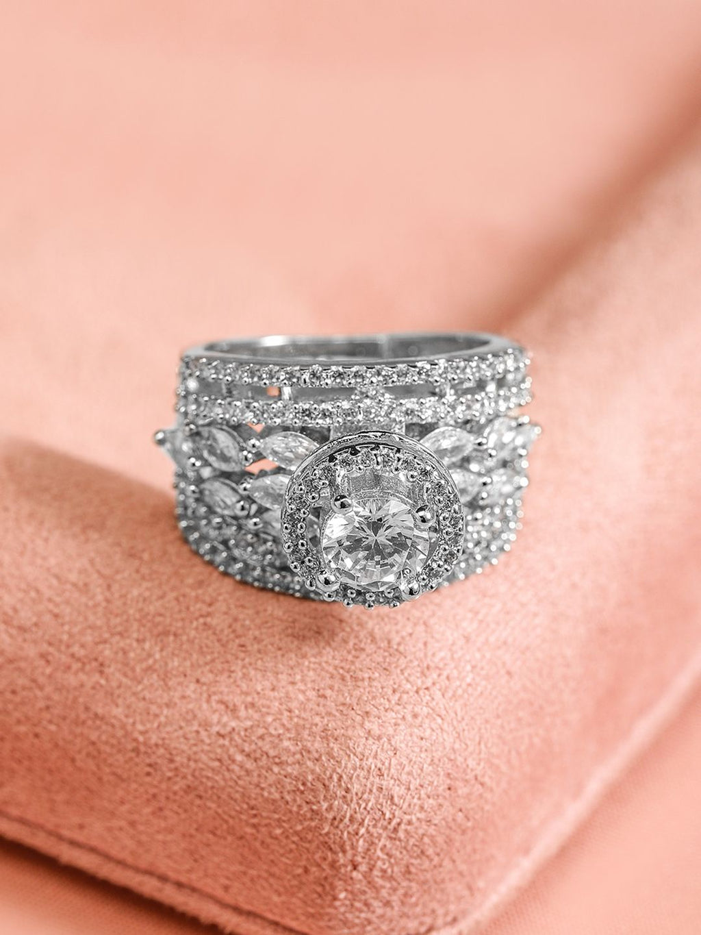 Rubans Women Rhodium Plated Cubic Zirconia Studded Adjustable Finger Ring | Grocsy