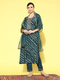 Sangria Women Leheriya Printed Regular Thread Work Kurta with Trousers & With Dupatta | Grocsy