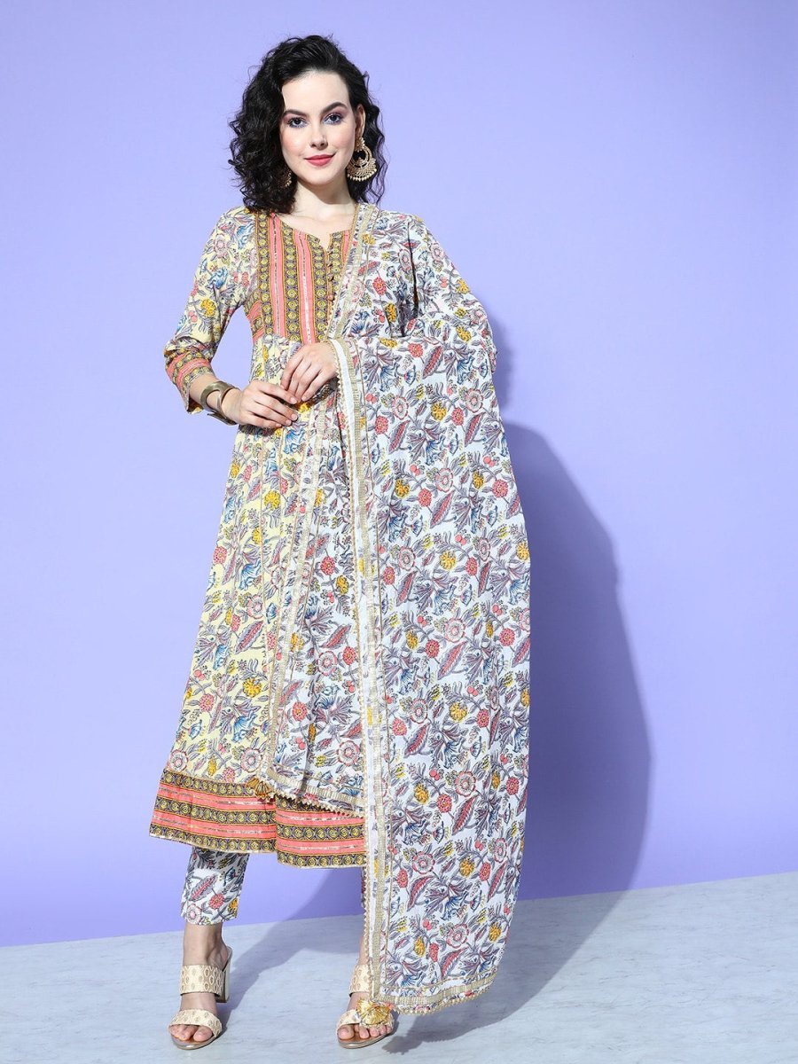 All About You Women Cream-Coloured Floral Printed Regular Gotta Patti Pure Cotton Kurta with Trousers & With | Grocsy