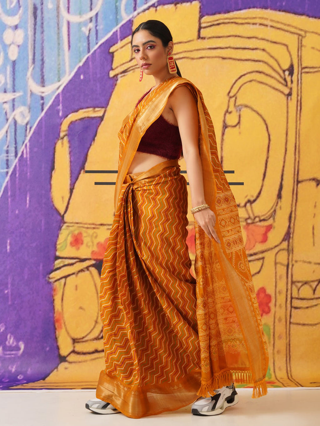 Tikhi Imli Leheriya Zari Jute Silk Ready to Wear Saree | Grocsy