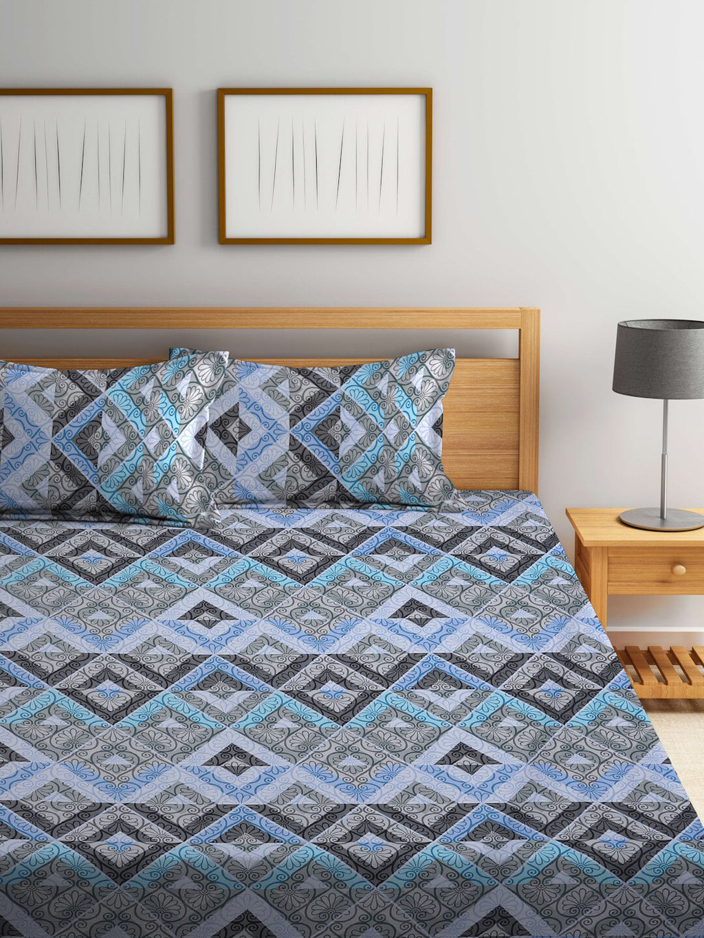 BOMBAY DYEING Epigram Blue & Grey Ethnic Cotton 120 TC Queen Bedsheet With 2 Pillow Covers | Grocsy