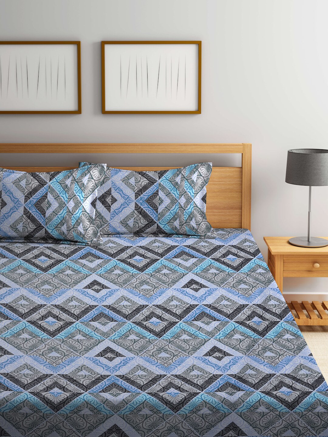 BOMBAY DYEING Epigram Blue & Grey Ethnic Cotton 120 TC Queen Bedsheet With 2 Pillow Covers | Grocsy