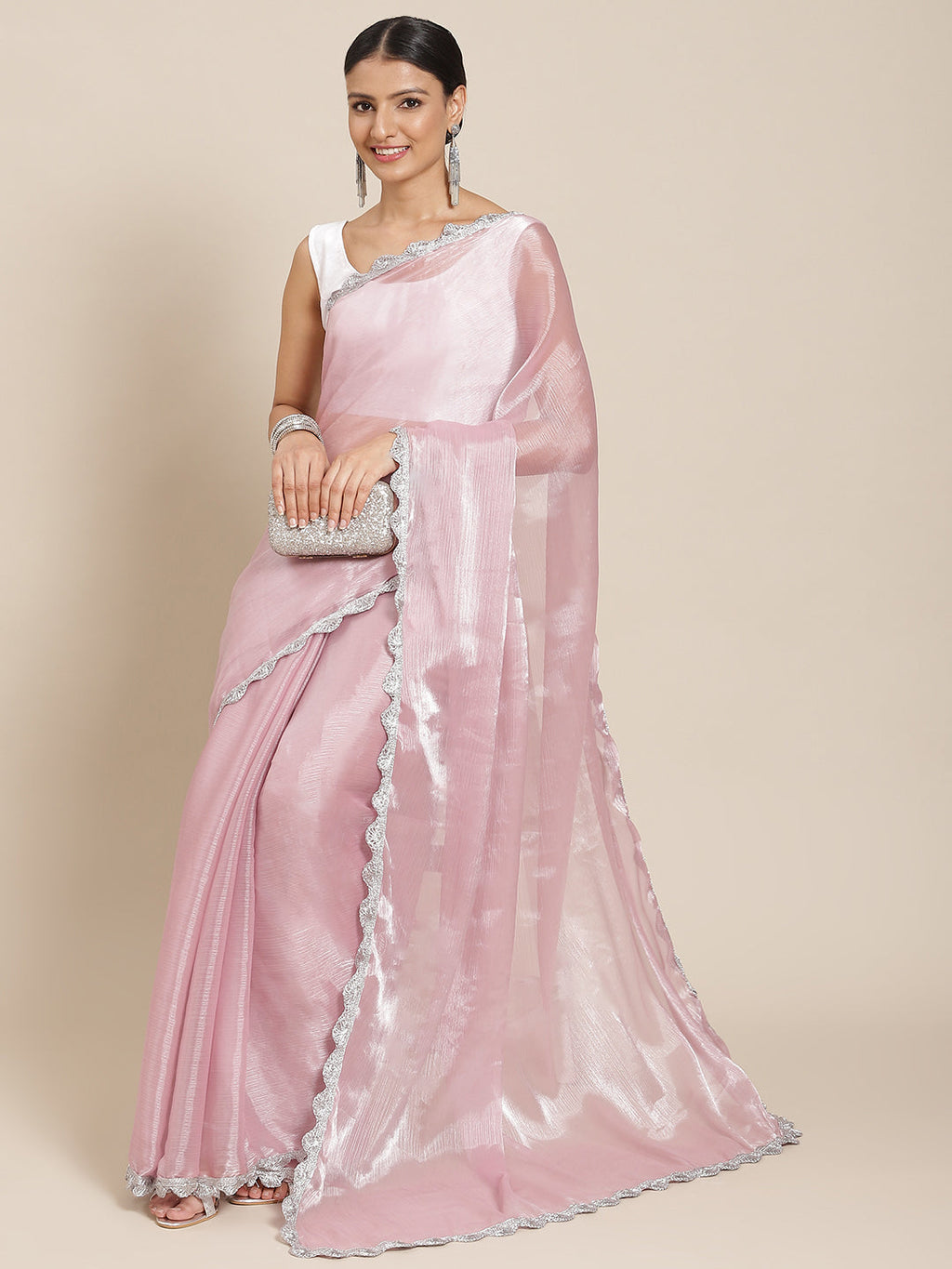 Tikhi Imli Pink Solid Embellished Border Saree | Grocsy
