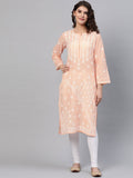 ADA Women Peach-Coloured & White Chikankari Embroidered Cotton Straight Sustainable Kurta | Grocsy