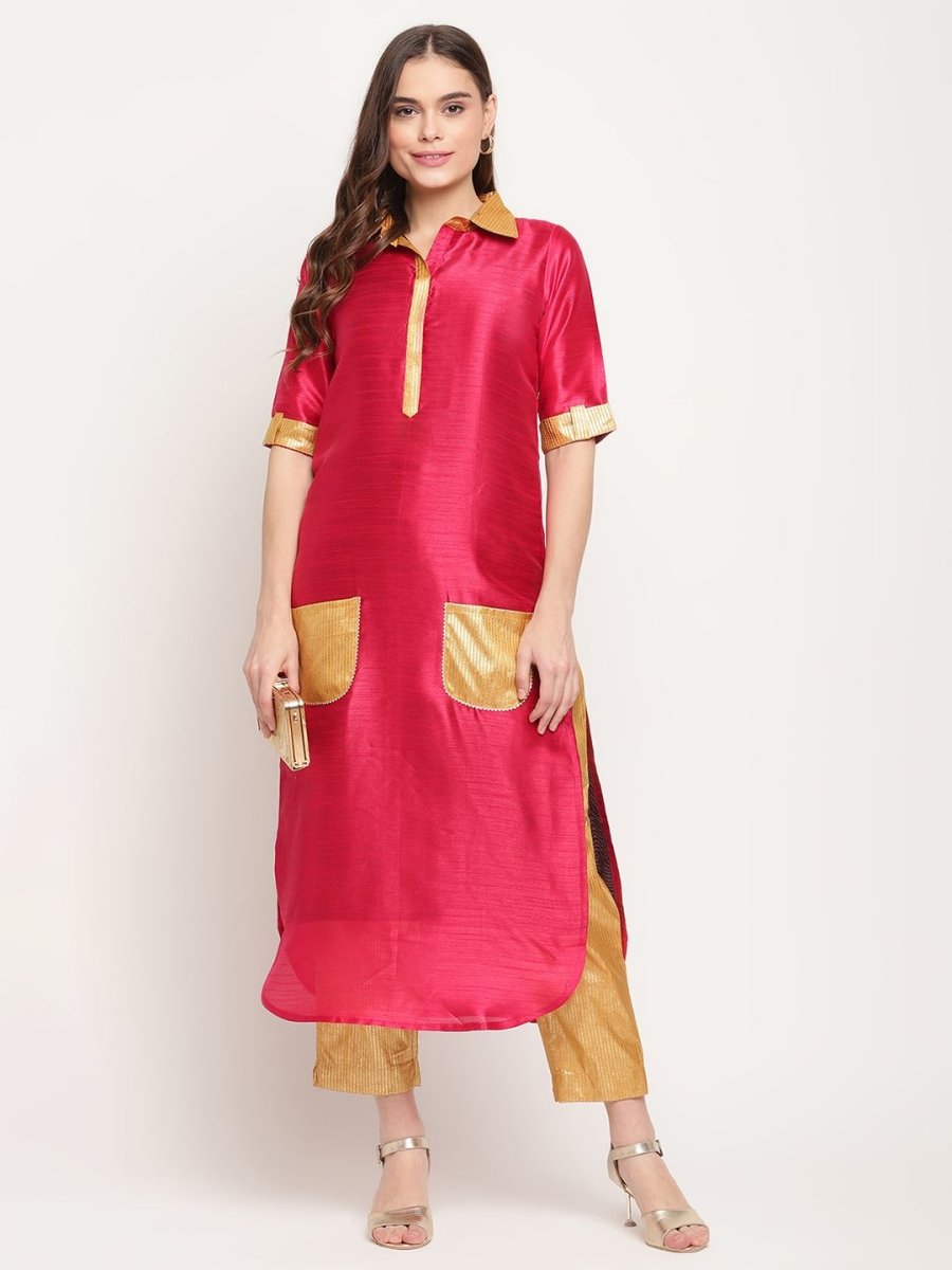 Ahalyaa Women's Dark Pink Poly Silk Kurta Trouser Set | Grocsy