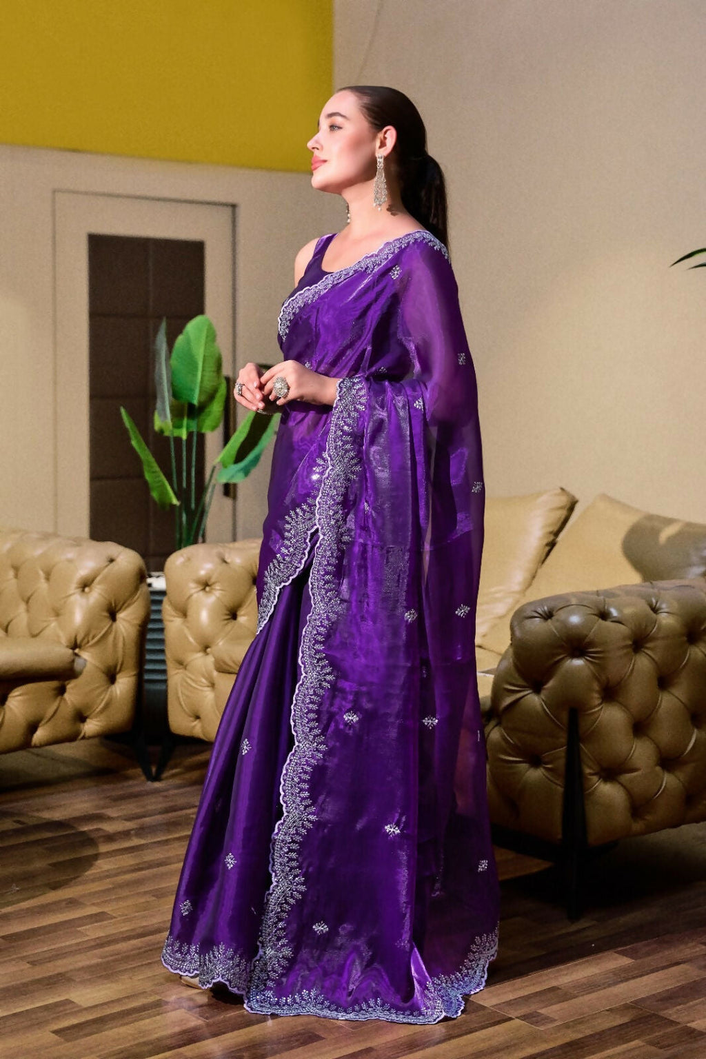 Vastranavya Purple-Blue Embroidery Work Shimmer Chiffon Saree with Unstitched Blouse | Grocsy