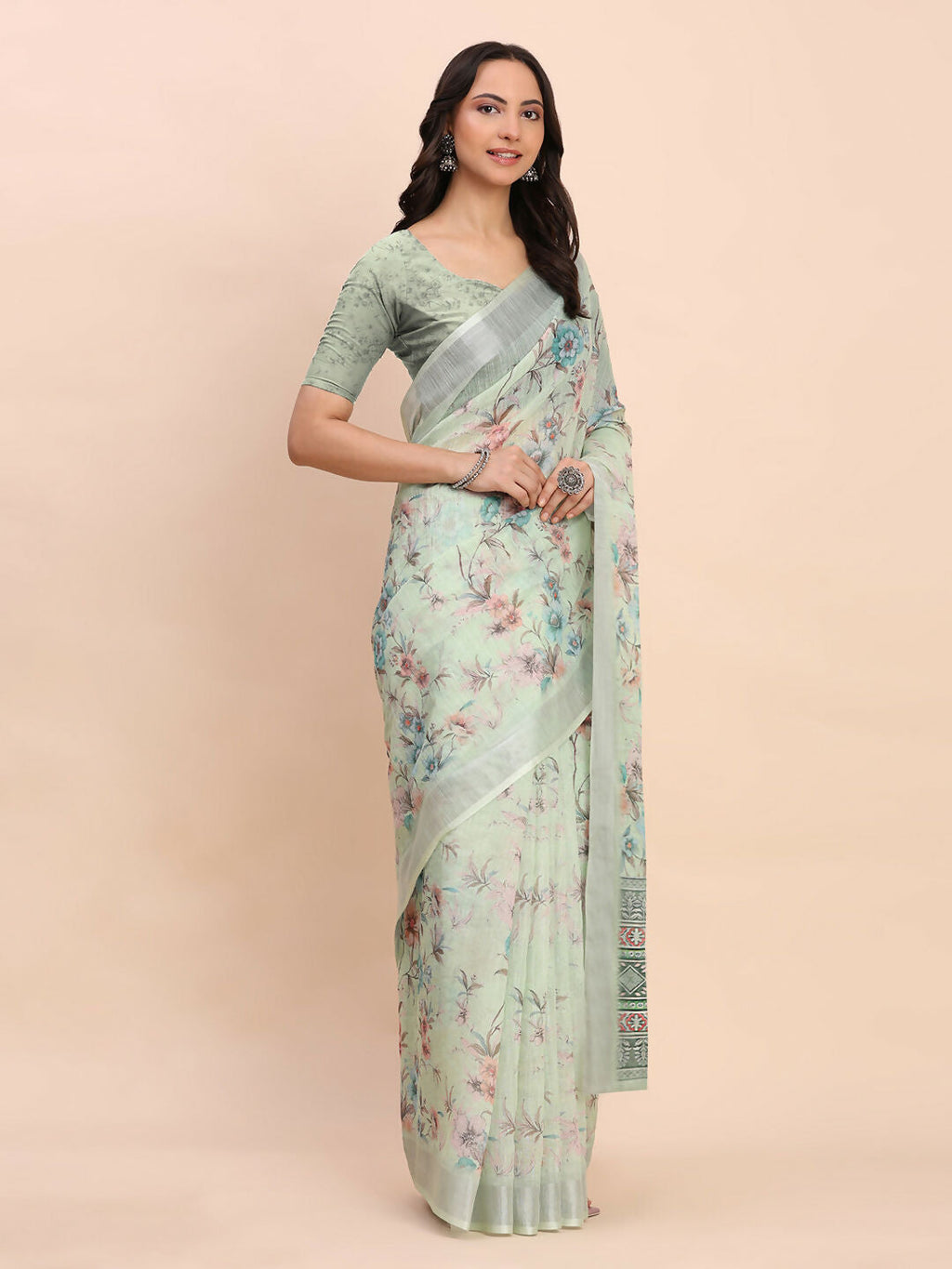 Shree Shyam Fashion Linen Cotton Light Green Saree | Grocsy