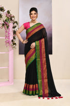 Piyari Fashion Women's Black Embellished Zari Border Cotton Saree | Grocsy