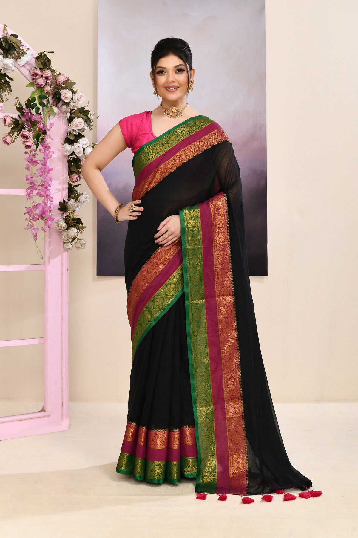Piyari Fashion Women's Black Embellished Zari Border Cotton Saree | Grocsy