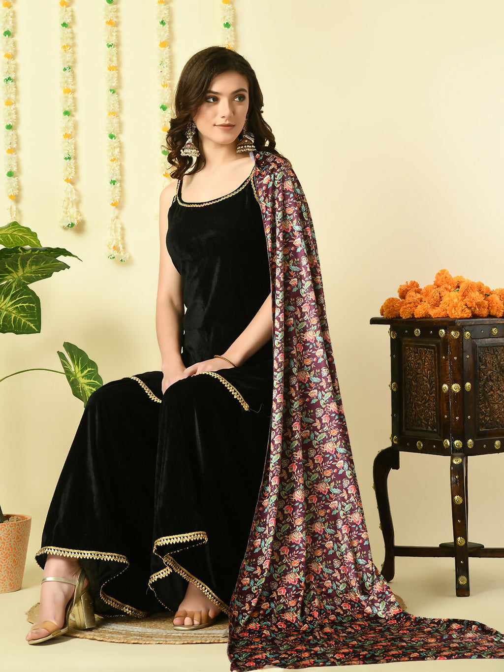 Myshka Women's Black Velvet Kurti & Sharara With Dupatta Party Sets | Grocsy