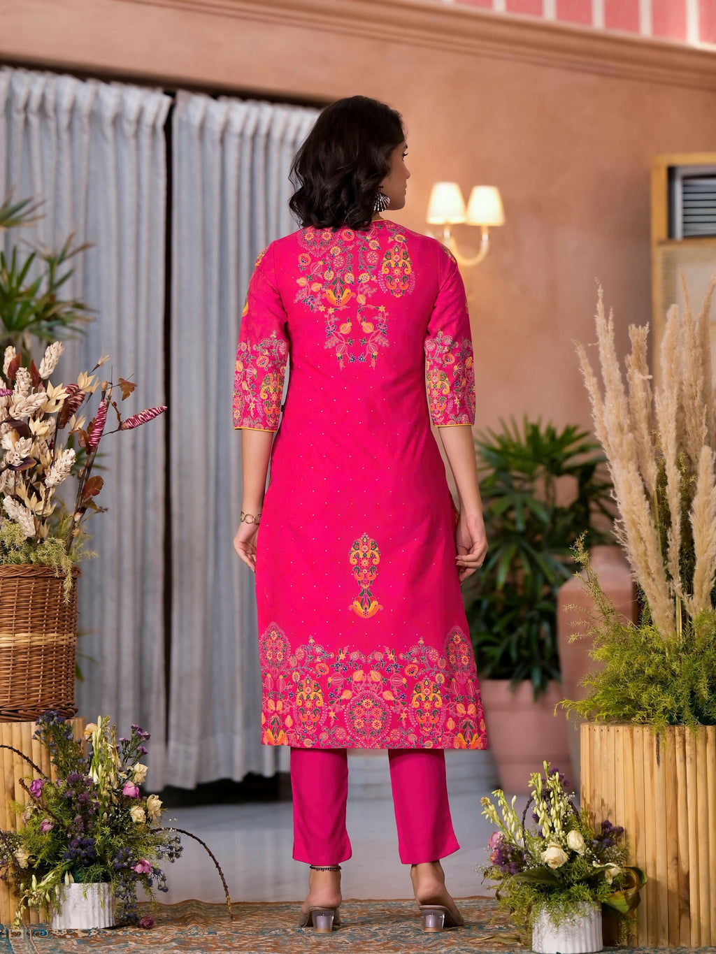 Juniper Women's Pink Thread Embroidered Liva Rayon Kurta Pant And Dupatta Set With Sequins Beads & Lace | Grocsy