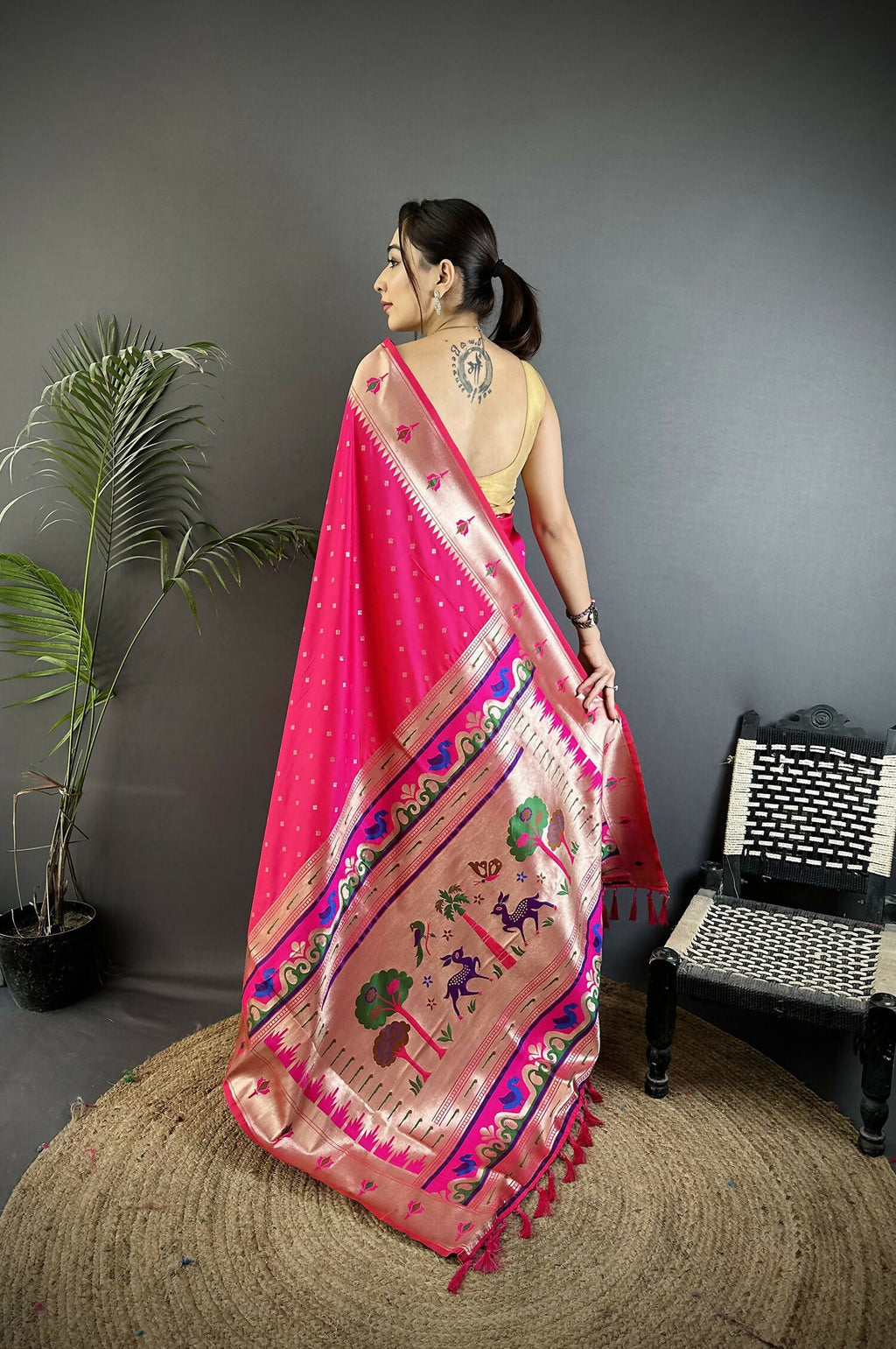 Joban Fashion Rani Pink Peacock & Floral Motifs Soft Lichi Silk Kanchipuram Saree | Grocsy