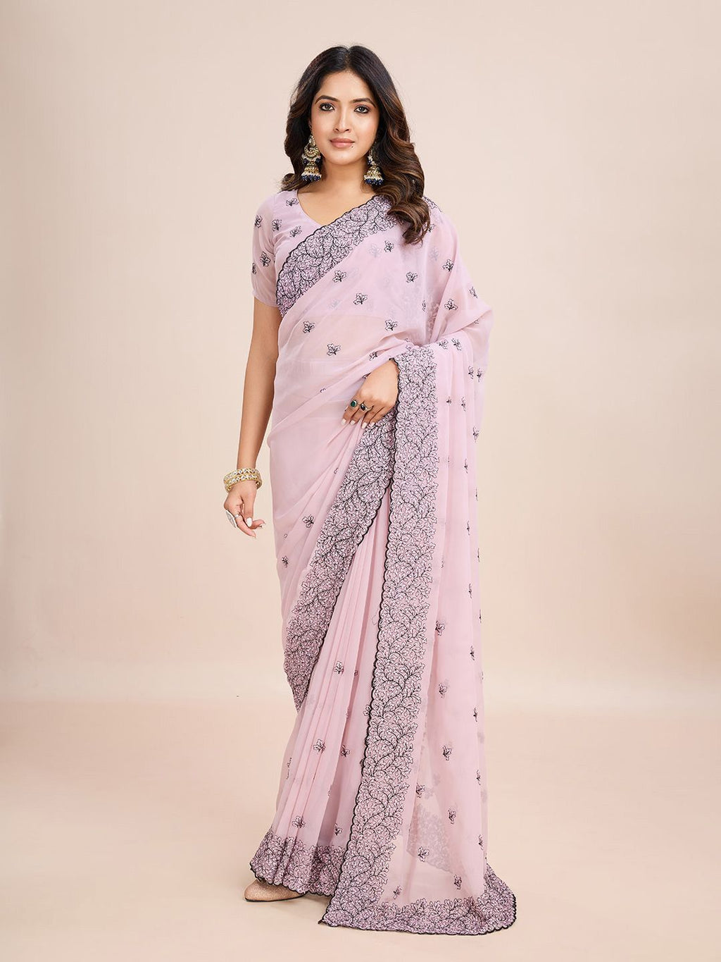 kasee Floral Embroidered Pure Chiffon Ready to Wear Saree | Grocsy