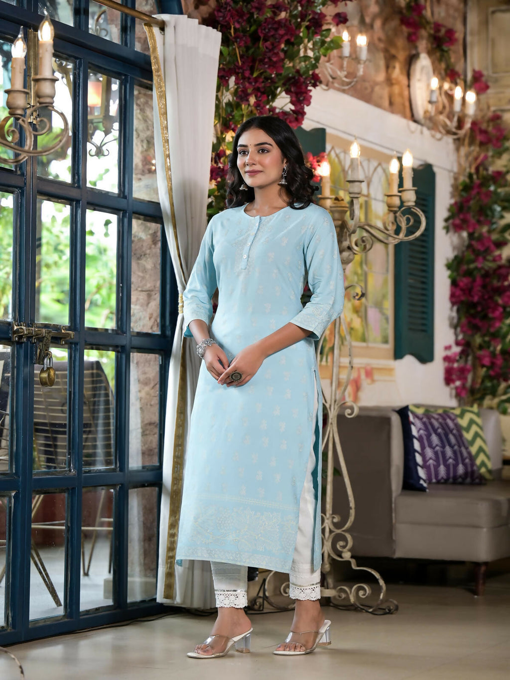 Juniper Women's Powder Blue Ethnic Motif Printed Rayon Kurta With Buttons | Grocsy