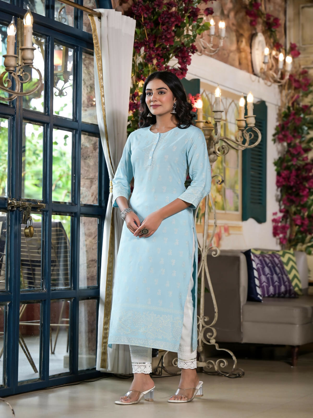 Juniper Women's Powder Blue Ethnic Motif Printed Rayon Kurta With Buttons | Grocsy