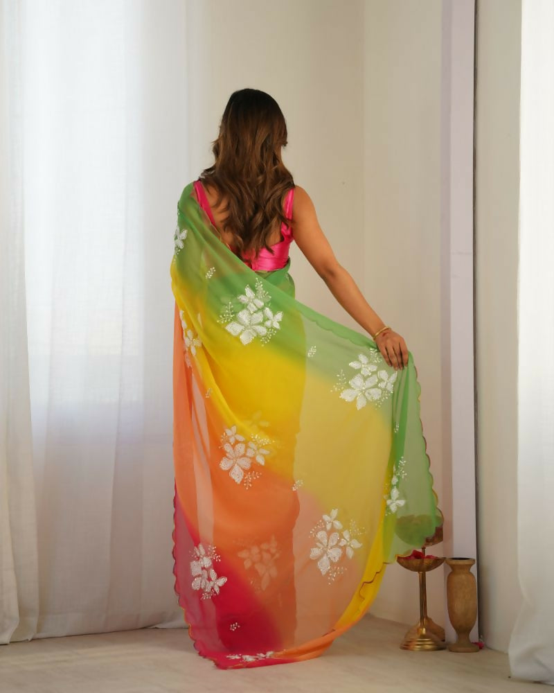 Yellow Georgette Pedding Color, Embroidery Work Party Wear Saree - Erisha | Grocsy