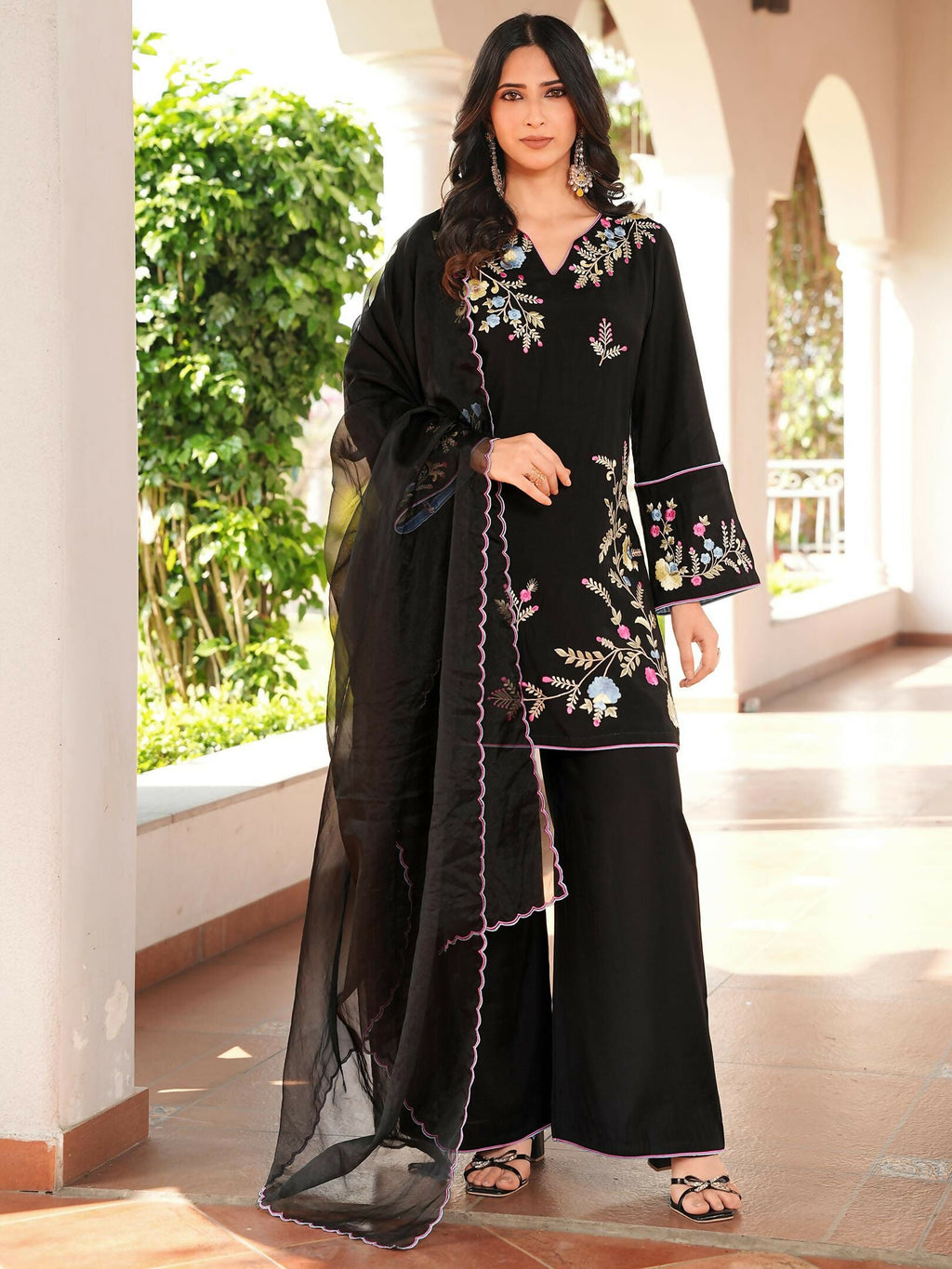 Nikhaar Black Embroidered Art Silk Stitched Straight Cut Kurta Culottes Dupatta Readymade Suit | Grocsy