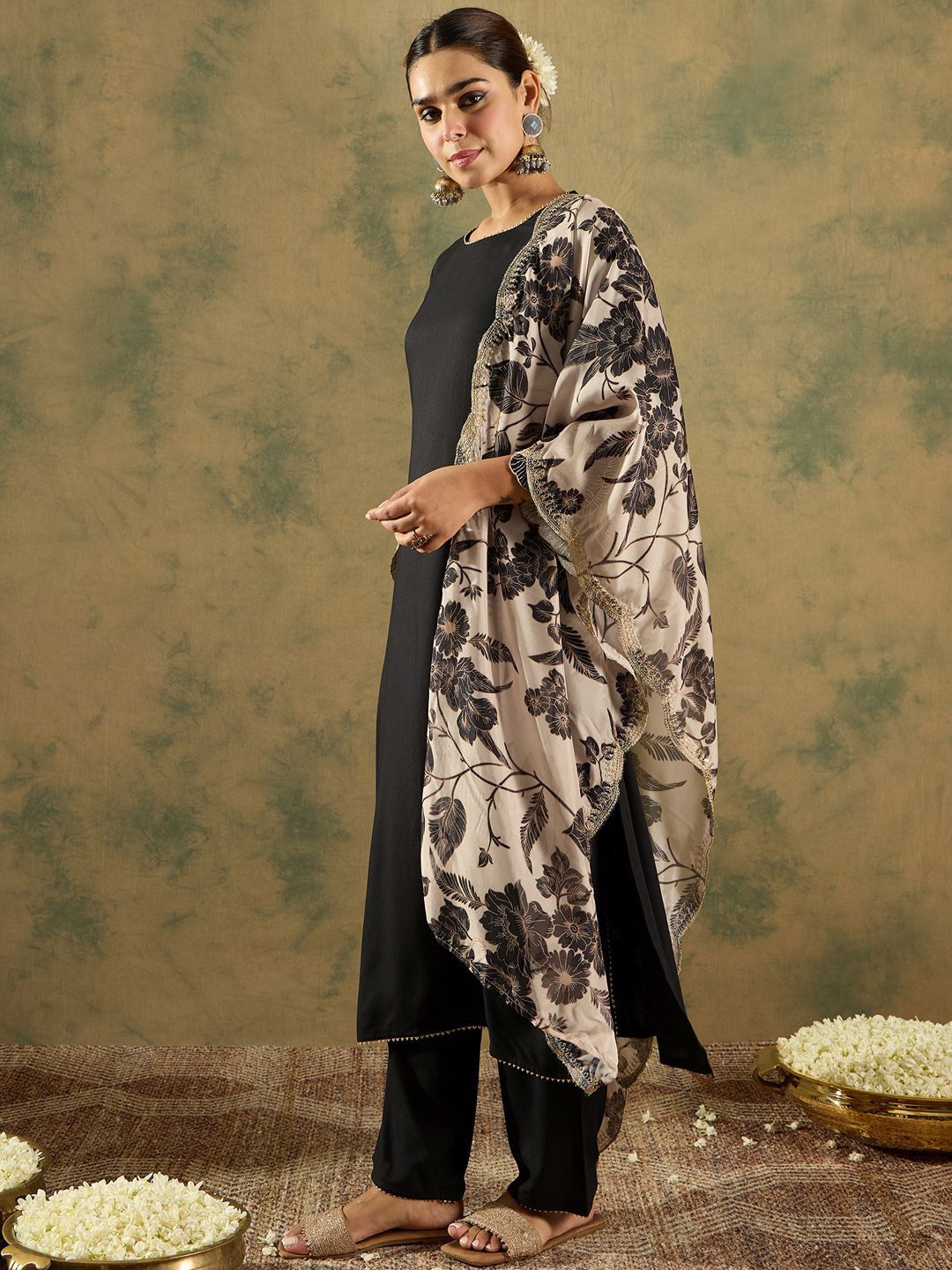 Indo Era Round Neck Straight Kurta With Trousers & Dupatta | Grocsy