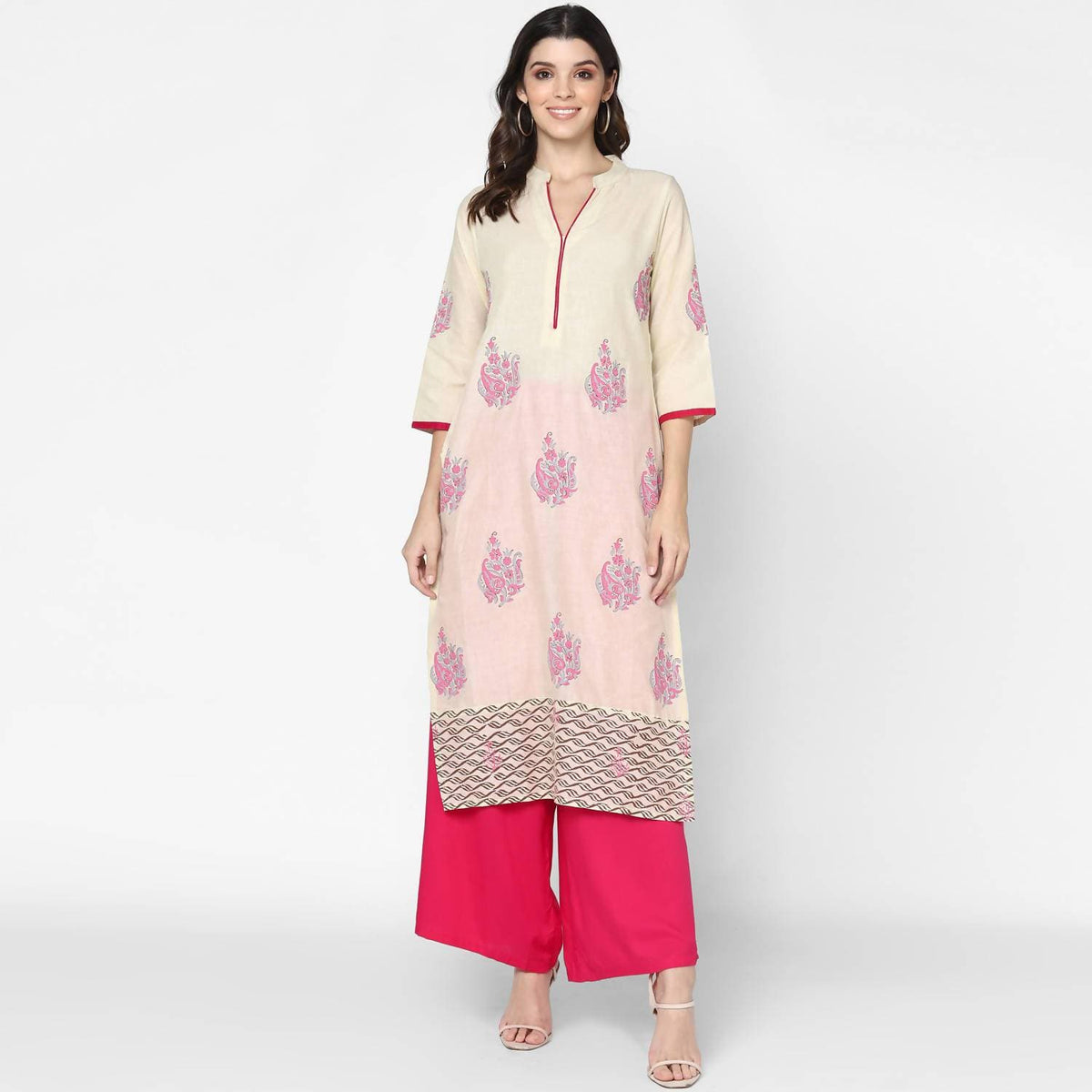Cheera Hand Block Print Cream Straight Kurta (MAAI-061K) | Grocsy