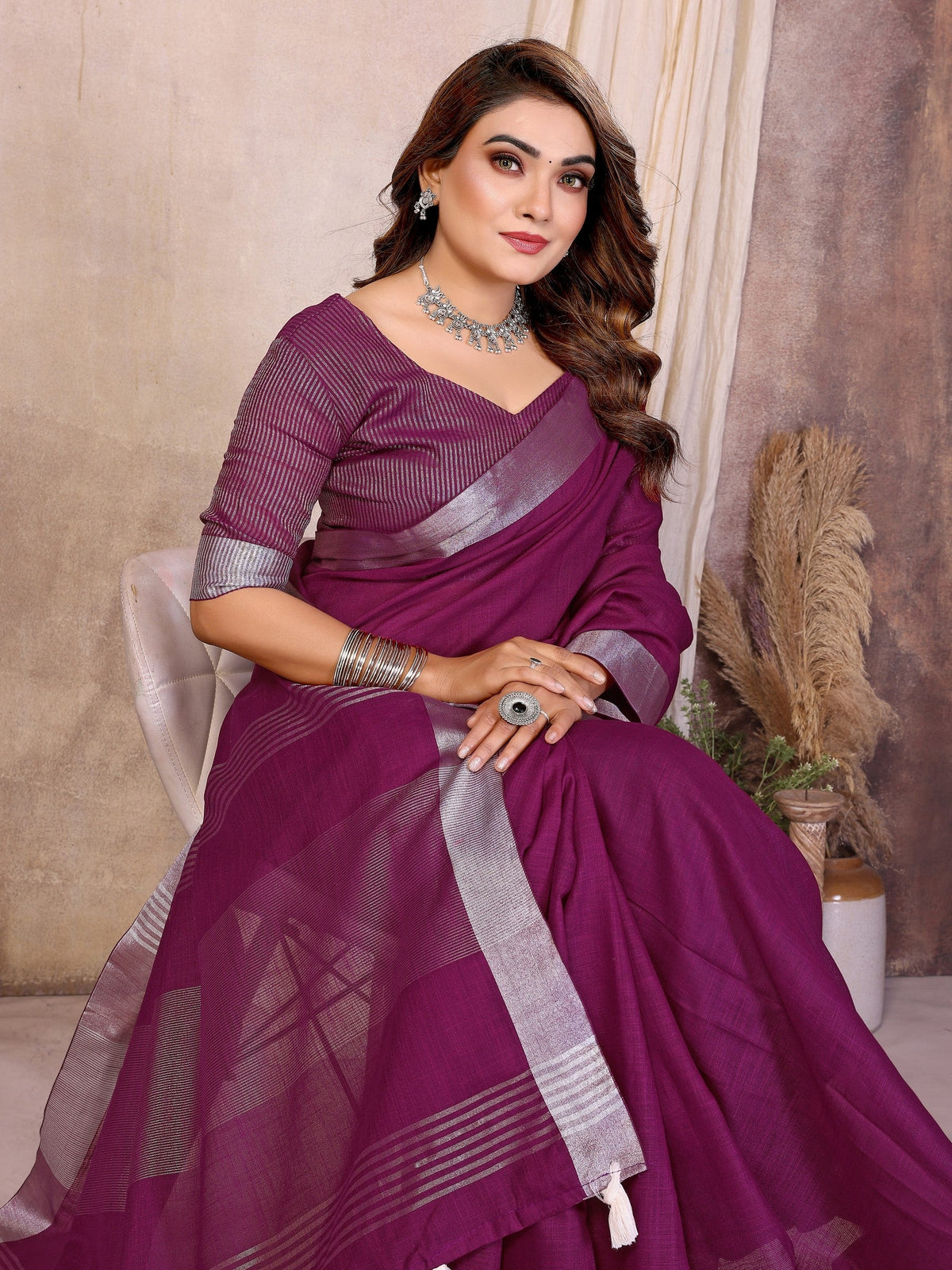 Anaita Purple Weaving Linen Cotton Saree With Blouse | Grocsy