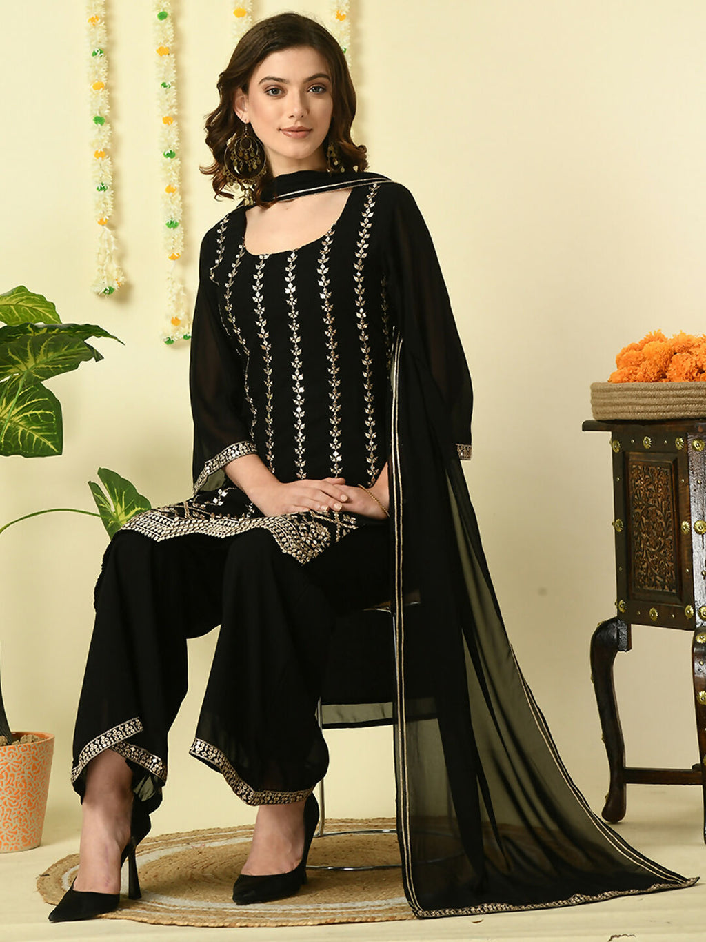 Myshka Women's Black Georgette Kurta & Palazzos With Dupatta Party Sets | Grocsy