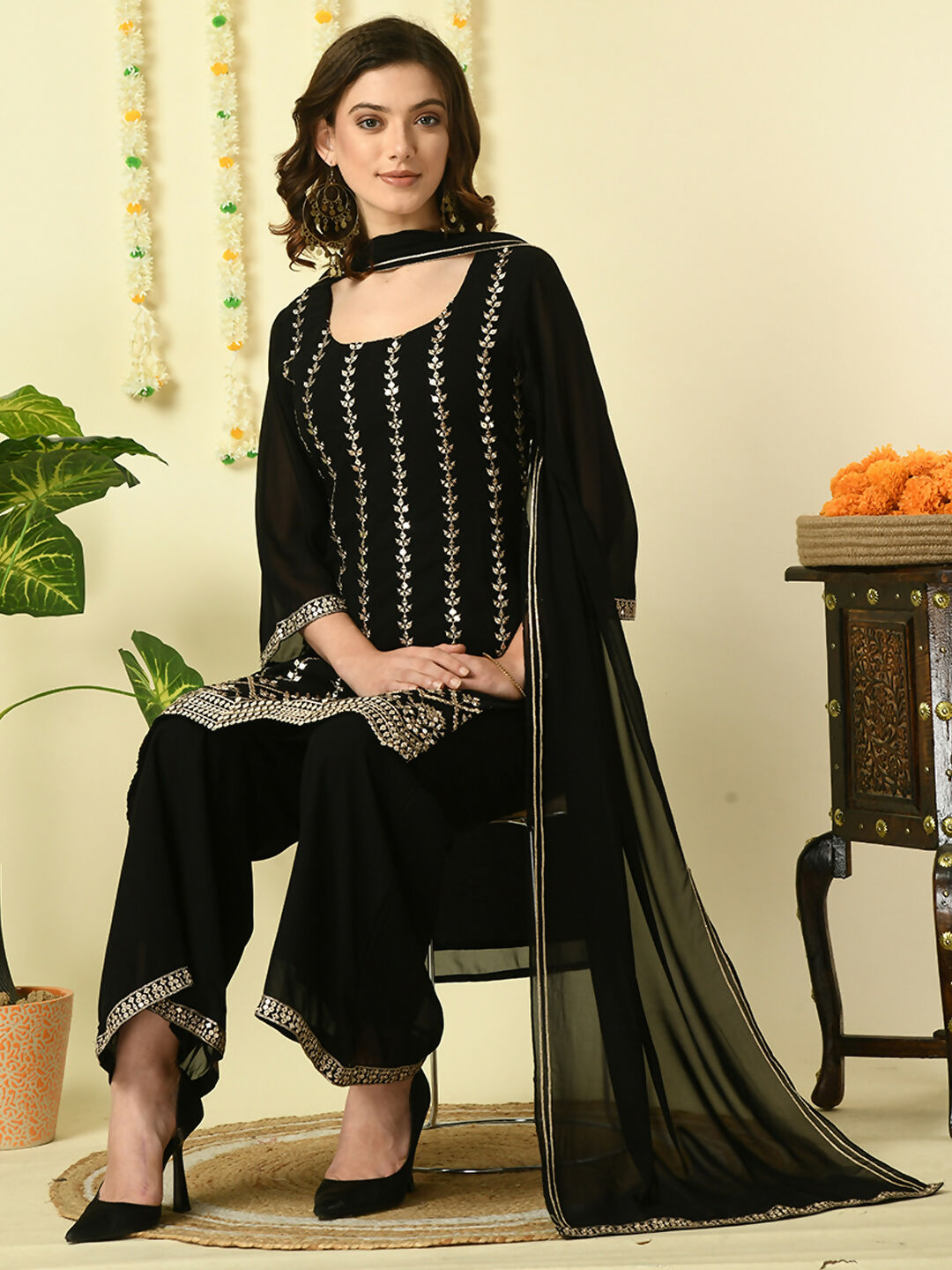 Myshka Women's Black Georgette Kurta & Palazzos With Dupatta Party Sets | Grocsy