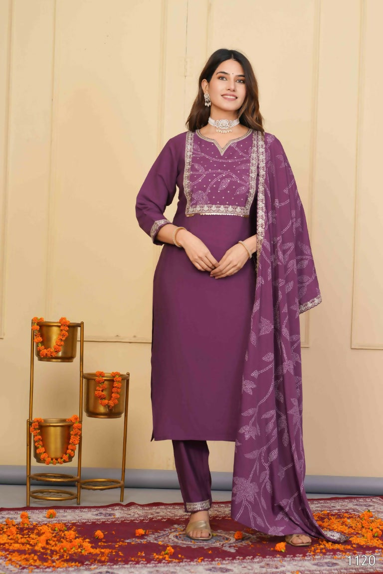 Wine Viscose Chanderi Embroidered Stitched Suit With Dupatta - Tanisha | Grocsy