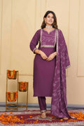 Wine Viscose Chanderi Embroidered Stitched Suit With Dupatta - Tanisha | Grocsy