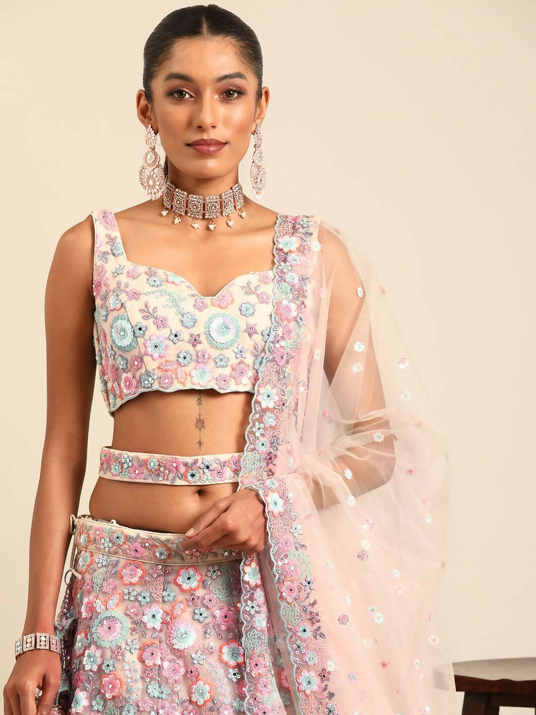 House of Panchhi Cream Net Sequins, Mirror and thread embroidery Lehenga choli & Dupatta | Grocsy