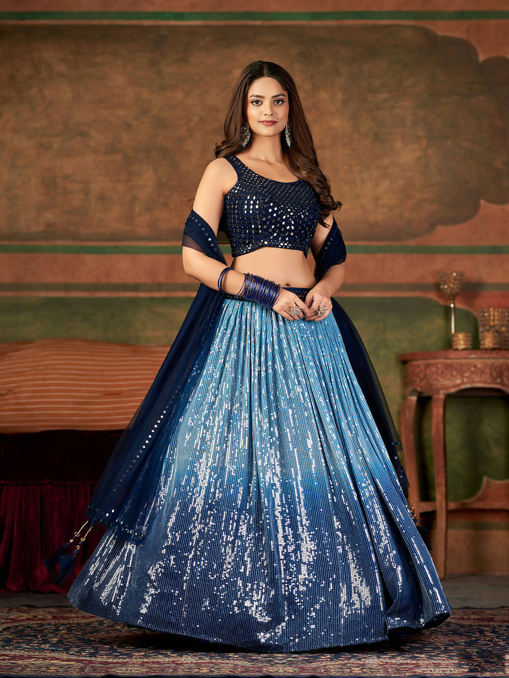 Wedding Designer Sky With Blue Nylon Georgette Readymade Lehenga Choli - Anbazaar | Grocsy