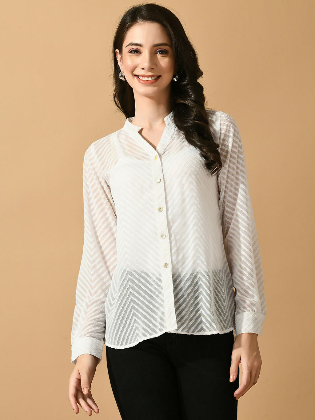 Myshka Women's White Georgette Solid Sheer Shirt | Grocsy