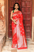 Joban Fashion Red Handwoven & Zari Work Soft Pure Handloom Banarasi Silk Saree | Grocsy
