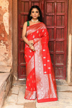 Joban Fashion Red Handwoven & Zari Work Soft Pure Handloom Banarasi Silk Saree | Grocsy