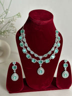 Mint Green American Diamond Two Layer Elegent Necklace Set With Earrings By House of Ree - Swadesiicart