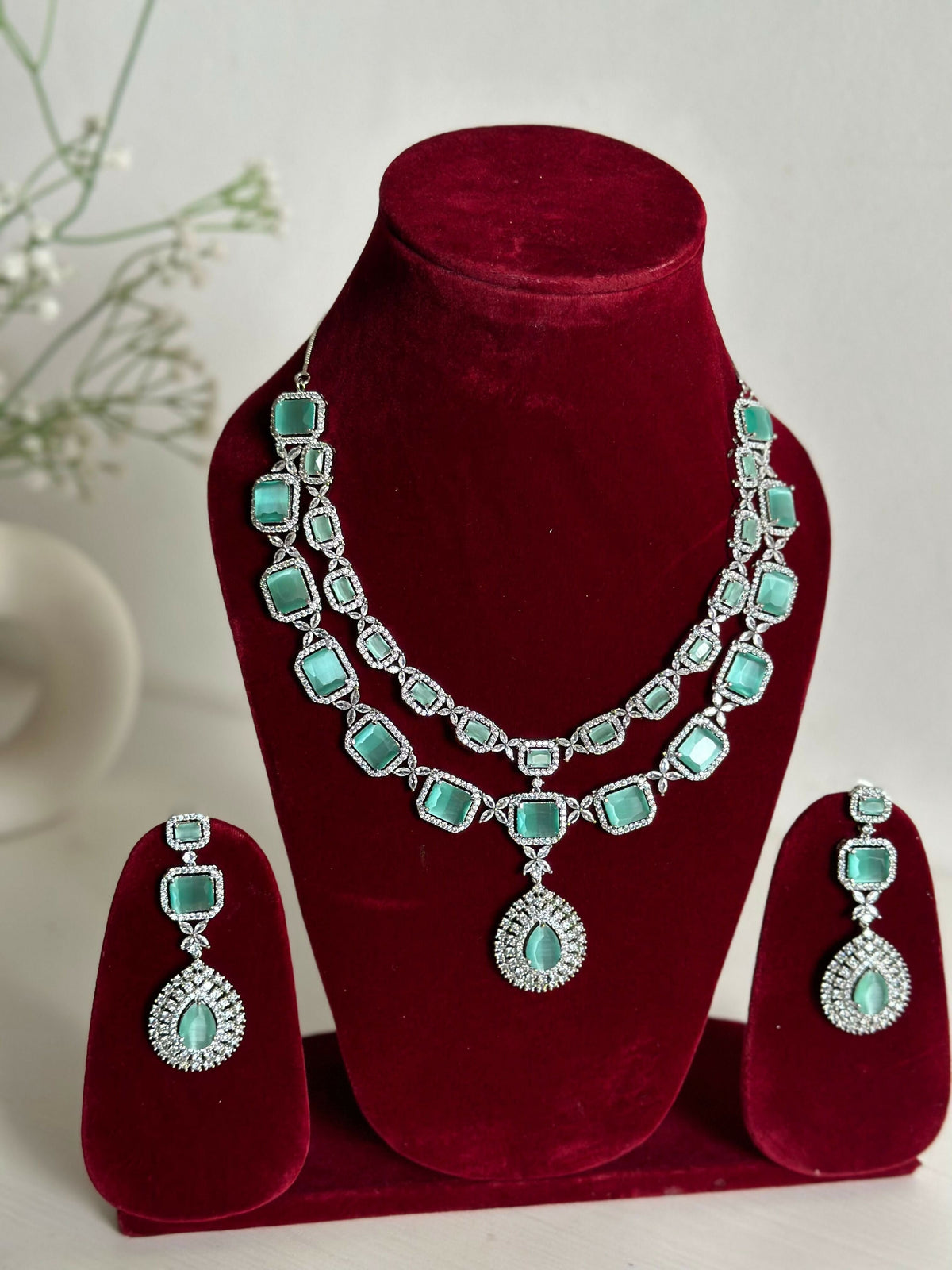 Mint Green American Diamond Two Layer Elegent Necklace Set With Earrings By House of Ree - Swadesiicart