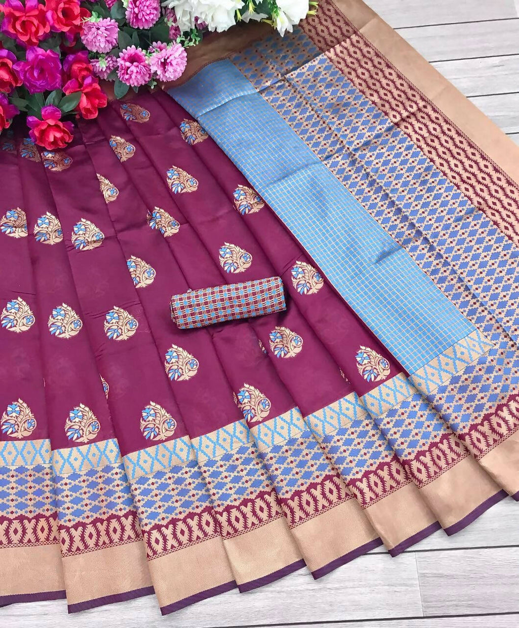 DEIANA'S Beautiful Designer Golden zari Soft Lichi Silk Saree - Wine | Grocsy