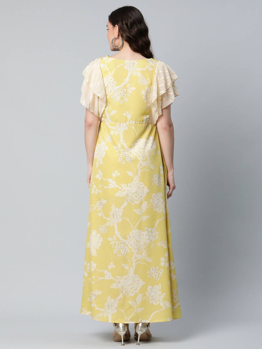 Ahalyaa Womens Lemon Yellow Crepe Floral Dress | Grocsy