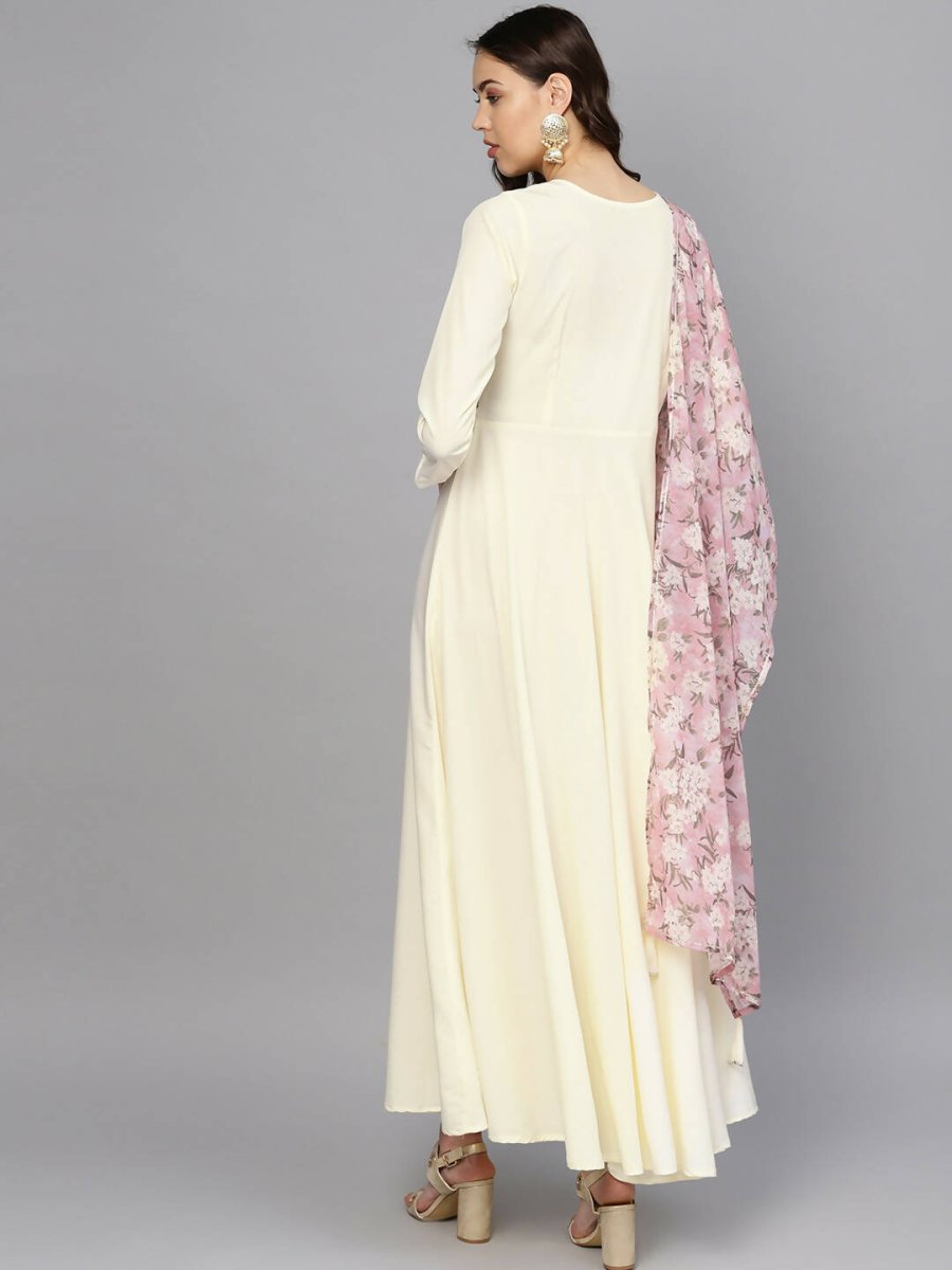 Ahalyaa Women's Cream Crepe kurta With Printed Dupatta Set | Grocsy