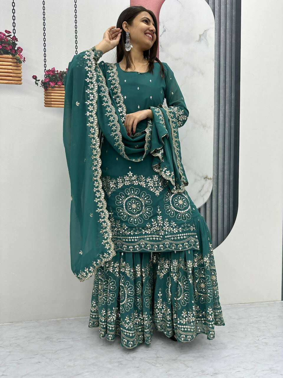 Teeya Creation Womens New Heavy Fox Georgette Fabric With Heavy Embroidery Work Light-Green Kurta Set | Grocsy