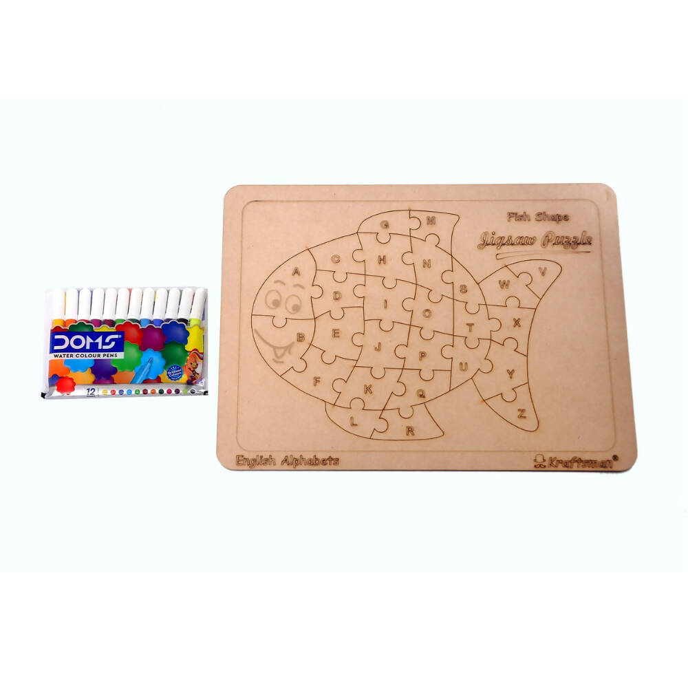 Kraftsman English Alphabets Wooden Jigsaw Puzzles Fish Shape Puzzle | Color Kit Included | Grocsy