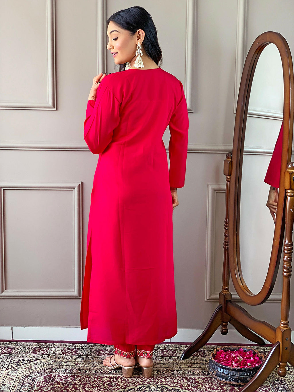 Partywear Designer Viscose Chanderi Red Stitched Suit With Dupatta - Anbazaar | Grocsy