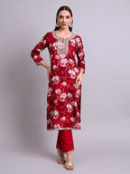 Joban Fashion Mahroon Cotton Floral Printed & Embroidery Work Kurta With Trousers & Dupatta Set | Grocsy
