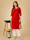 Jyoti Fashion Women's Red Cotton Blend Embroidered Kurta Pant Set | Grocsy