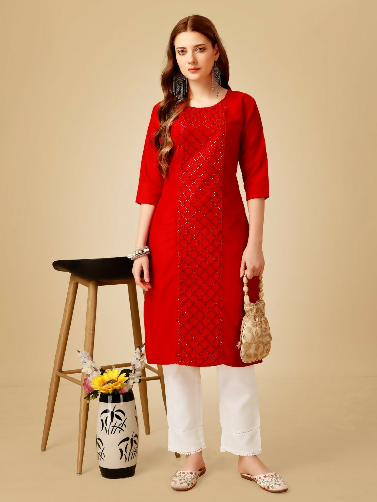 Jyoti Fashion Women's Red Cotton Blend Embroidered Kurta Pant Set | Grocsy