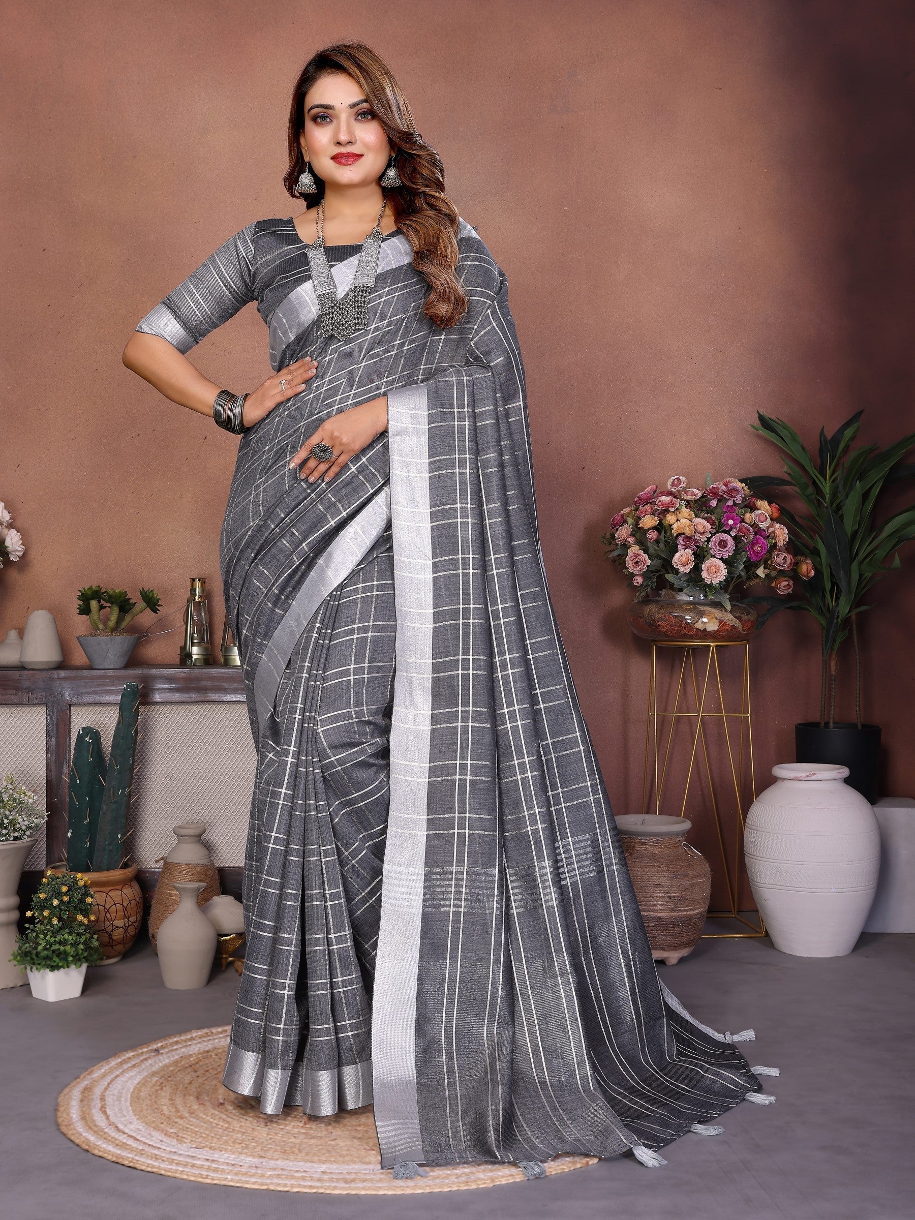 Anaita Grey Weaving Linen Cotton Saree With Blouse | Grocsy