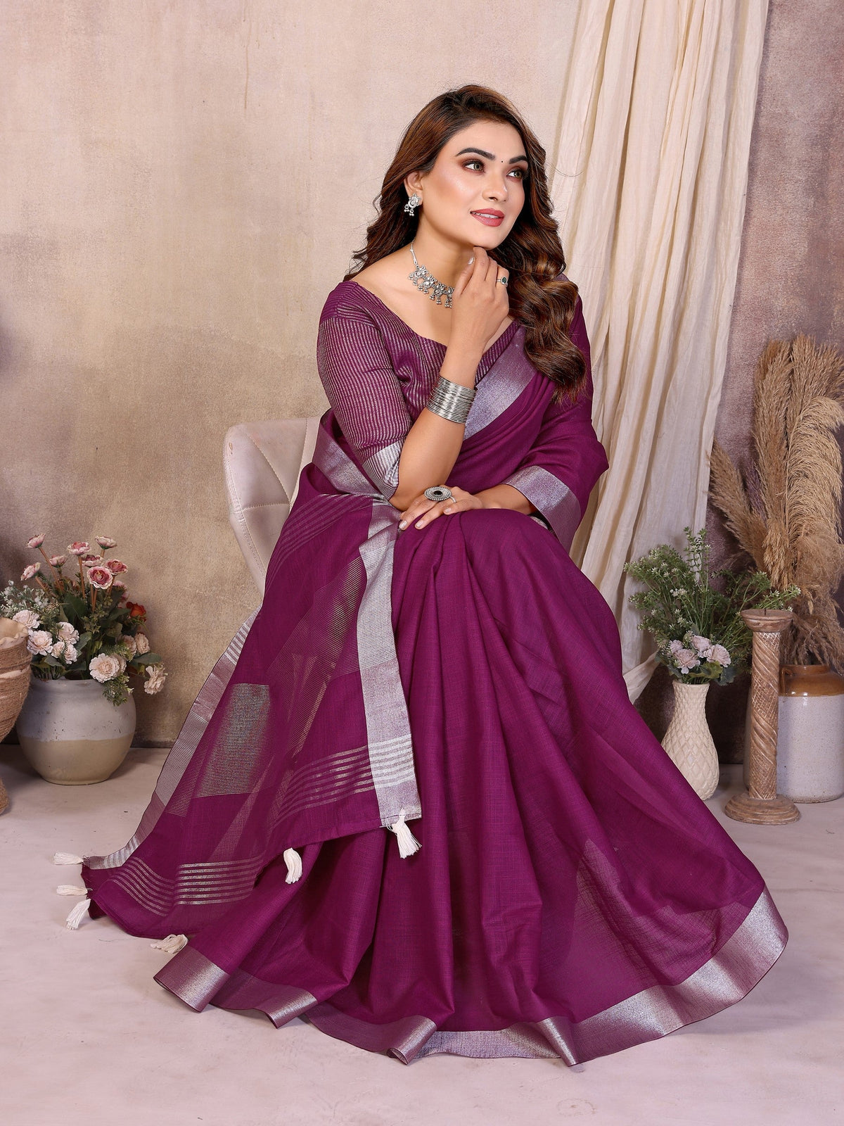 Anaita Purple Weaving Linen Cotton Saree With Blouse | Grocsy