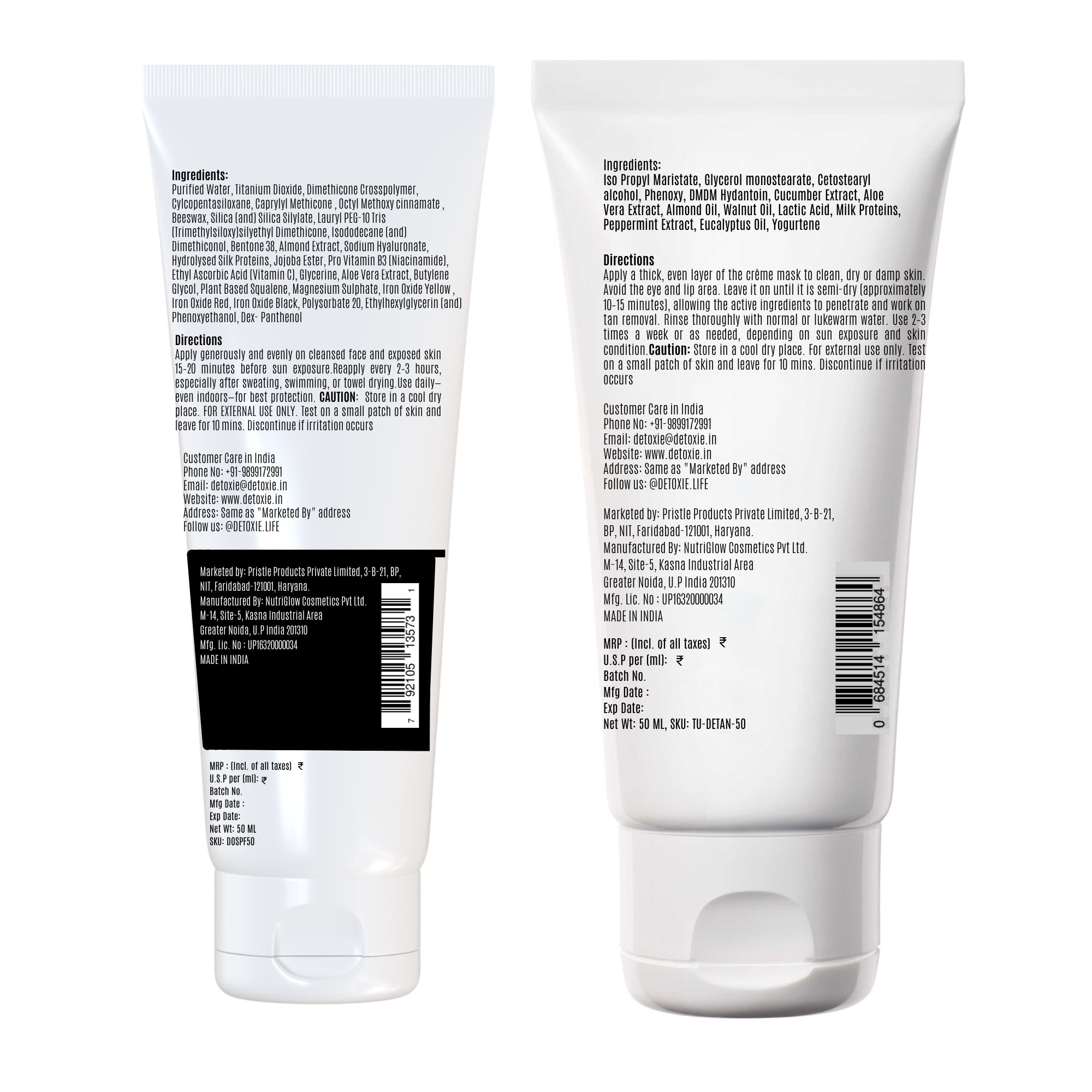 Detoxie Bright Summer Combo - SPF50 Sunscreen Gel & Detan Cream Mask | Grocsy